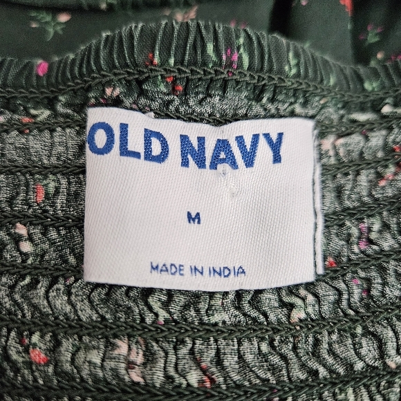 Old Navy Babydoll Peplum Shirt Green Floral Long Sleeve Smocked Top Medium - Picture 6 of 8